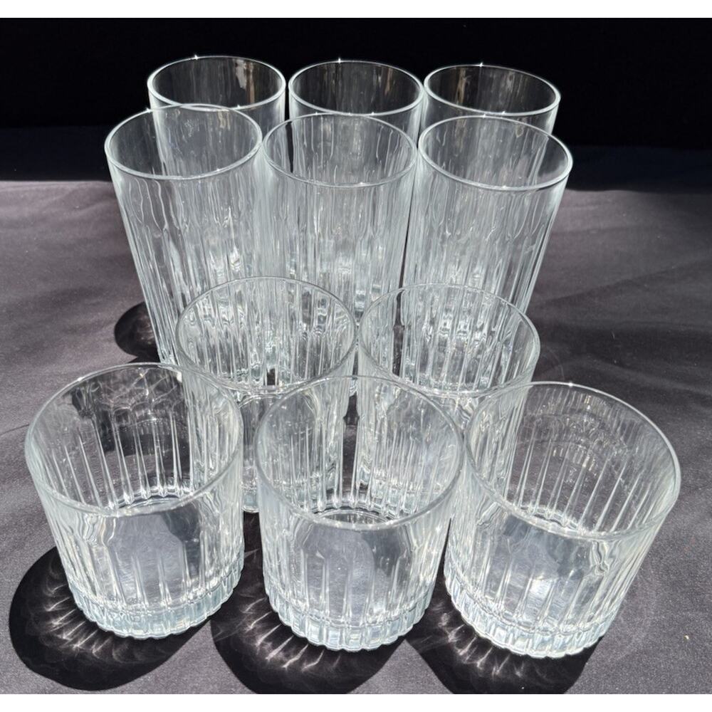 11 Vtg Crystal D Arques Durand High Ball & Bourbon Ribbed Quadrille Glasses